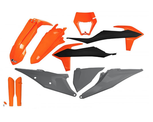 Full plastics kit with fork guards KTM EXC 125 20-21, EXC 250/300 TPI 20-23, EXC-F 250/350/450/500 20-23 color OEM orange gray