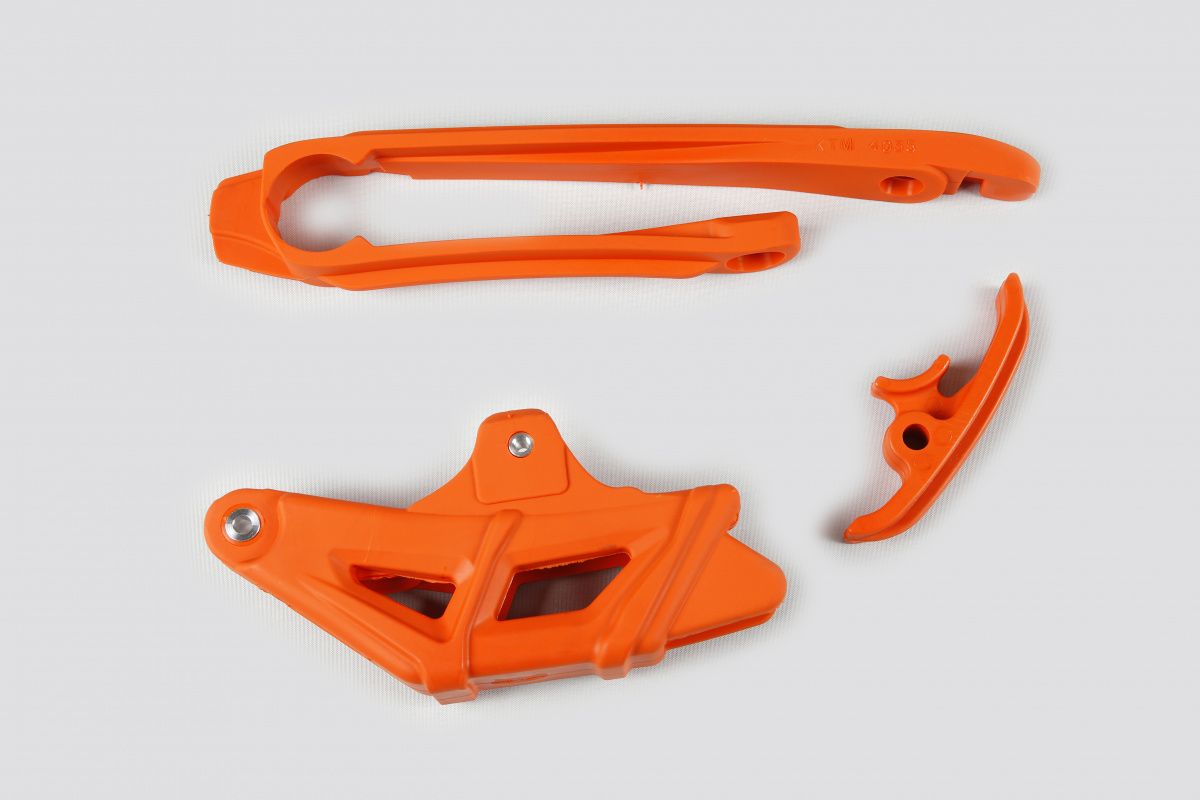 Chain slider (small and large) + chain guide set KTM EXC 300, 250, 200, 125 TPI, EXC-F 500 14-21, EXC-F 350/450 12-21 color orange
