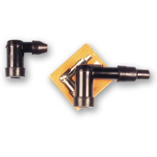 Spark plug cap, 90° angle, plug thread 14 mm, threaded connection, housing material ebonite, black color (524)