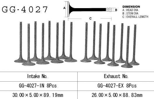 Intake valve Kawasaki ZX-10 88-90 (ZX1000B1-B3) 30.0 x 5.0 x 88.83 mm (OEM: 12005-1107) (1 pc) (Made in Japan)